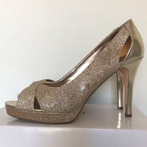 Alfani Fairfax Gold Glitter Platform Open Toe Heels